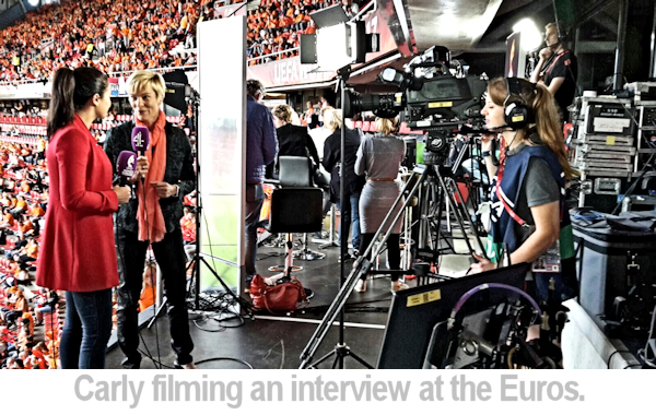 Carly filming at the Euros football tournament.
