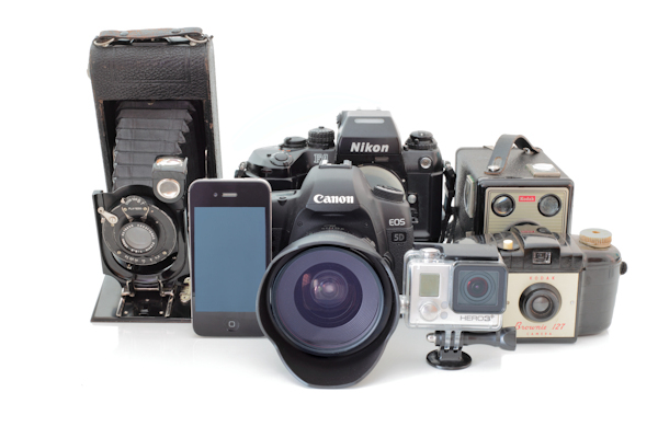 examples of new and old cameras and phone.
