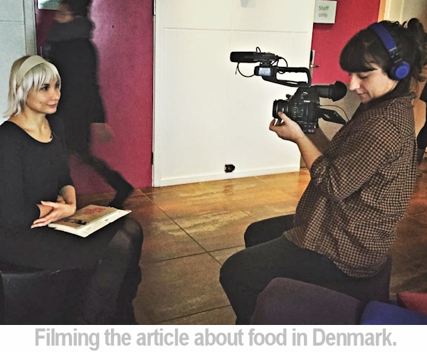 Kathleen filming the food article in Denmark.